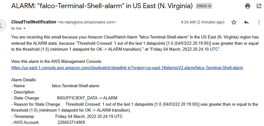 Figure 9.23 – Email notification in case of Falco rule violation
