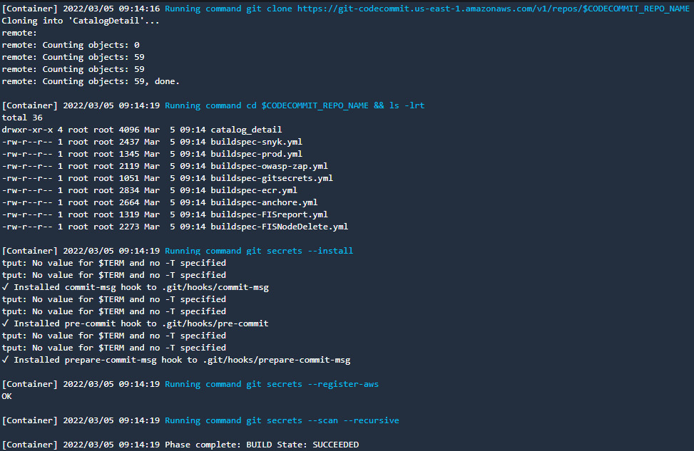 Figure 9.25 – CodeBuild logs showing the git secrets scan on source code
