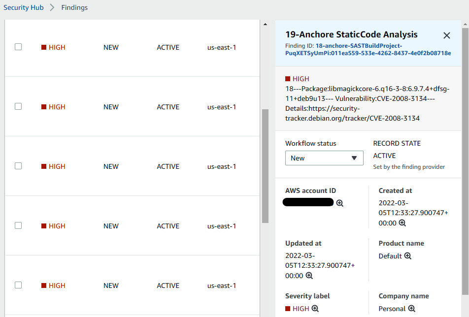 Figure 9.27 – The Security Hub console showing the Anchore vulnerability report
