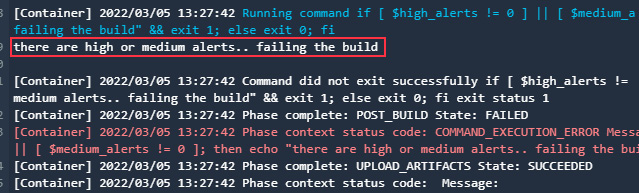 Figure 9.33 – CodeBuild project build failed due to the presence of high and medium alerts
