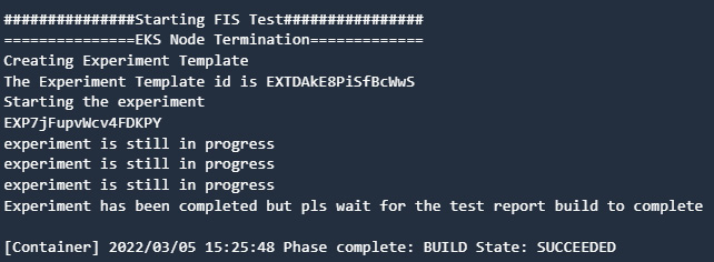 Figure 9.35 – CodeBuild log showing FIS experiment completion
