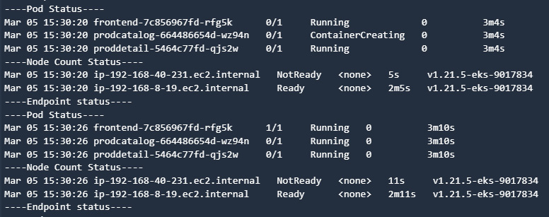 Figure 9.36 – CodeBuild logs showing the worker node and Pod are in the restarting and not ready state
