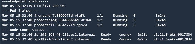 Figure 9.37 – CodeBuild logs showing the endpoint, Pod, and node status
