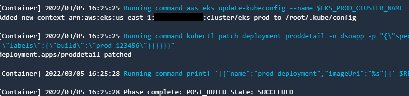 Figure 9.40 – CodeBuild log showing the deployment of a service
