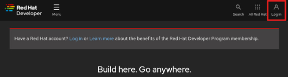 Figure 1.1 – The developers.redhat.com home page, indicating where to click to log in
