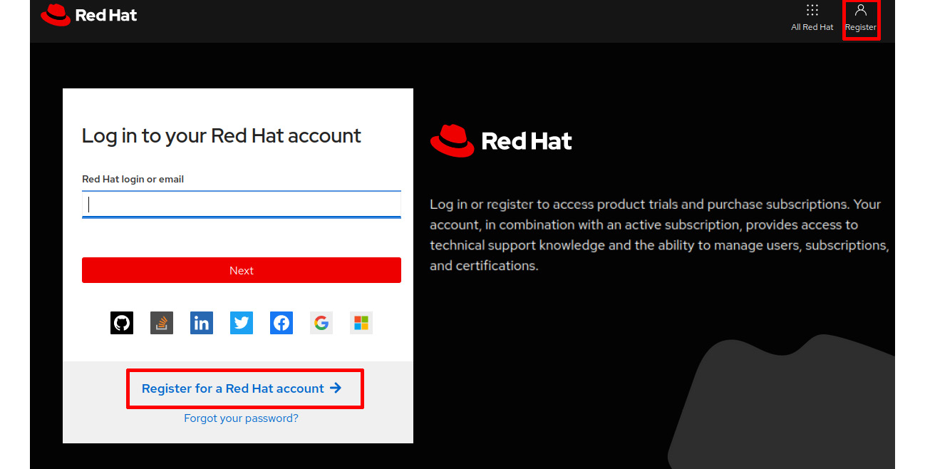 Figure 1.2 – Red Hat login page (common to all Red Hat resources)
