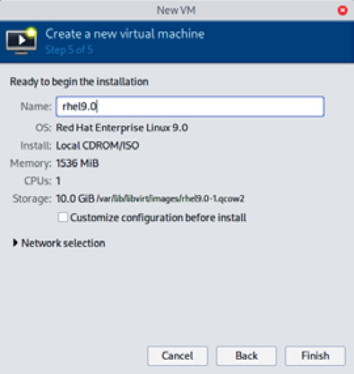 Figure 1.14 – The virtual manager menu for selecting the name of the virtual machine and the network
