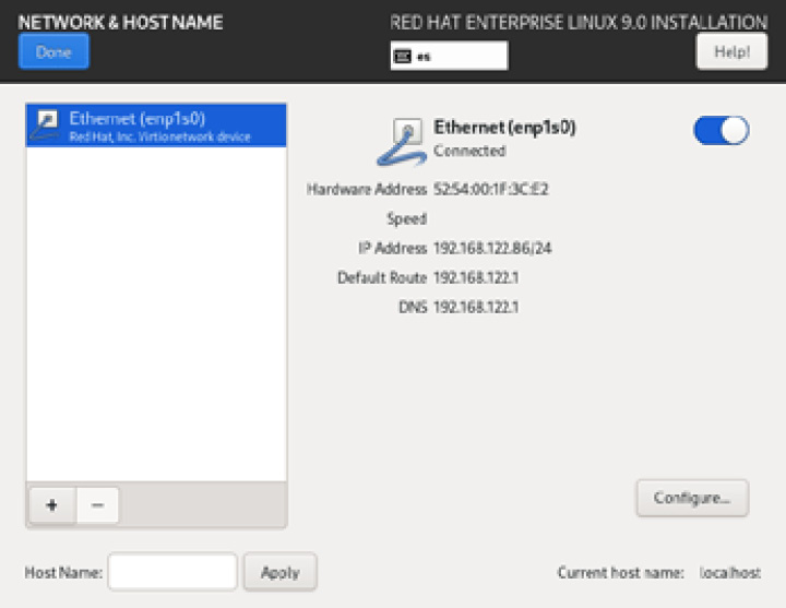 Figure 1.41 – RHEL 9 install – the NETWORK & HOST NAME configuration menu
