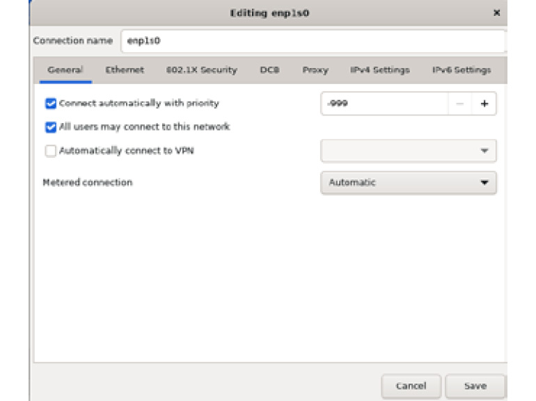 Figure 1.46 – RHEL 9 install – the NETWORK & HOST NAME configuration, interface configuration, and the General tab
