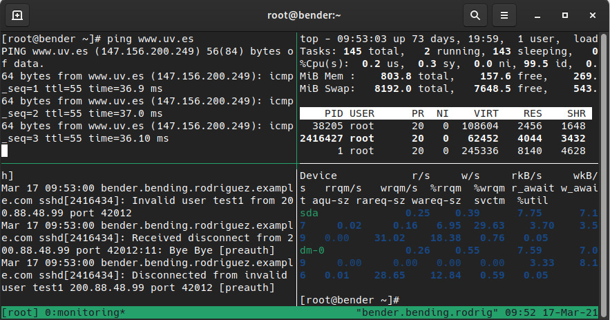 Figure 8.21 – tmux with four panes running different commands inside the same window

