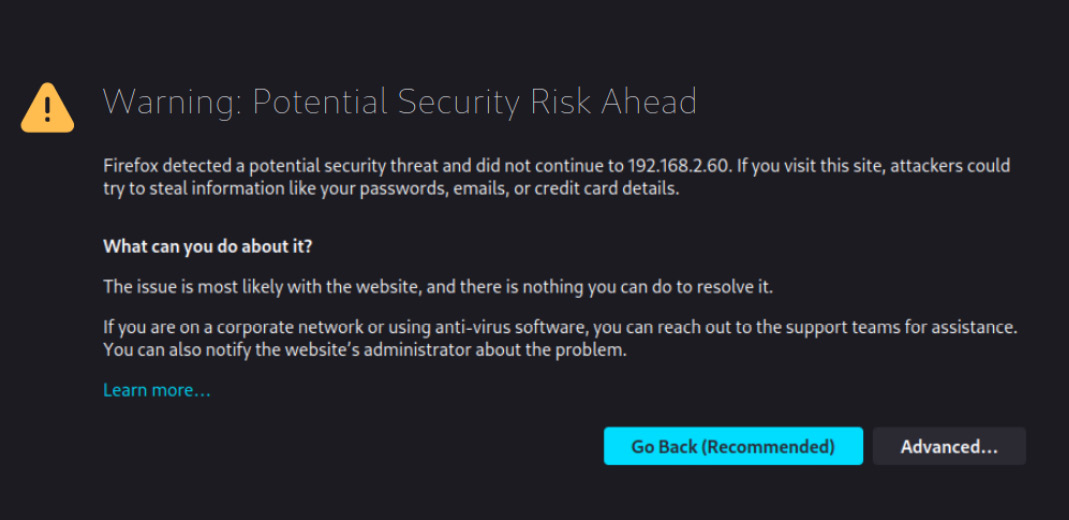 Figure 16.10 – Security warning when accessing a non-trusted certificate
