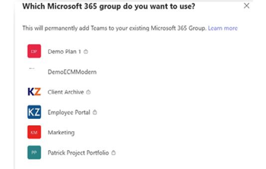 Figure 4.2 – A screenshot from Teams when connecting to an existing M365 group
