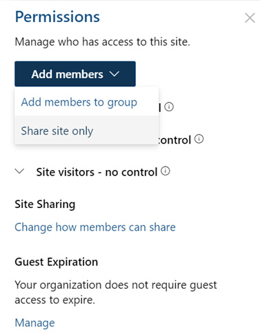 Figure 4.3 – A screenshot of the Permissions panel on a team site
