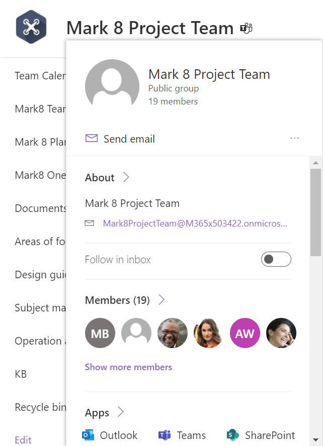 Figure 4.4 – A view of M365 group properties from a SharePoint site
