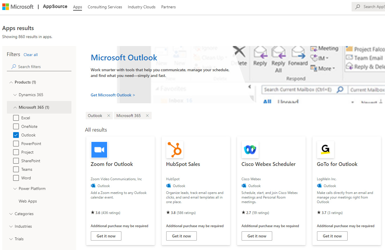 Figure 4.5 – A view of the AppSource site with Outlook selected as the product
