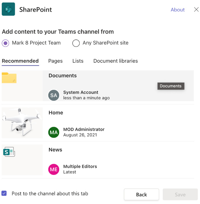 Figure 5.1 – The UI for the SharePoint tab in Teams
