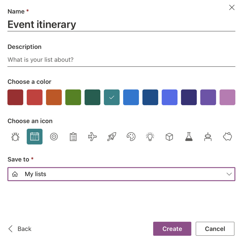 Figure 5.6 – The UI of Lists after choosing a template
