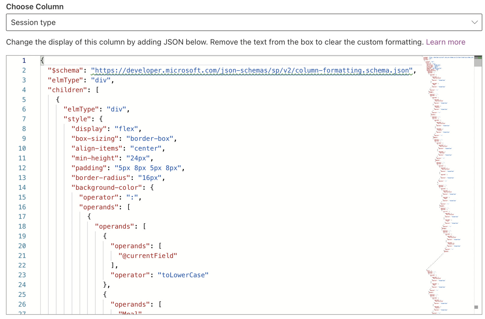 Figure 5.9 – Viewing the advanced mode JSON editor for list formatting
