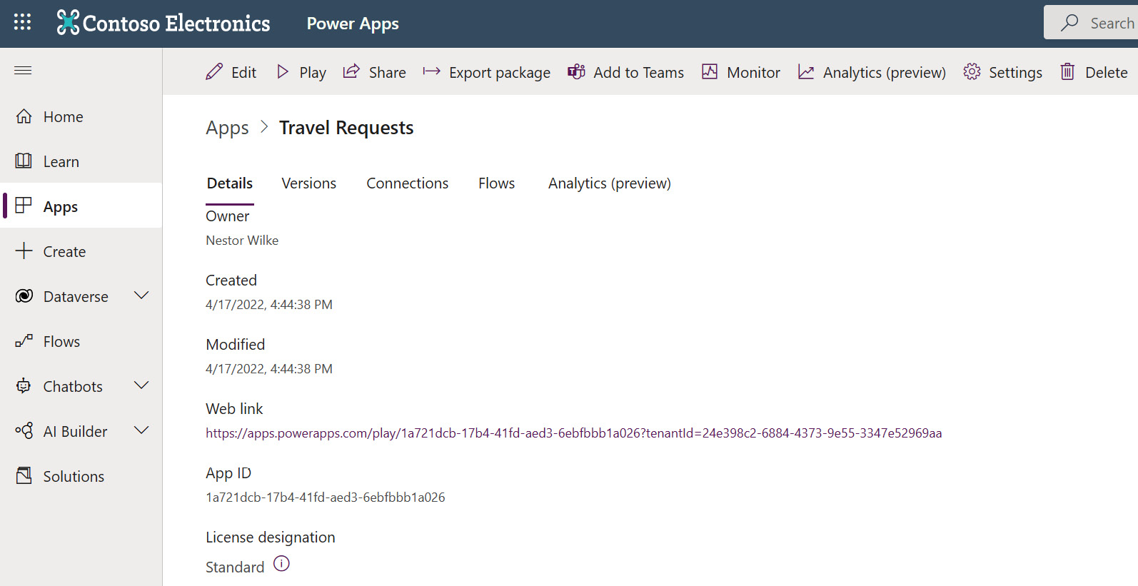 Figure 6.11 – The details for our Power Apps app with settings and options to deploy
