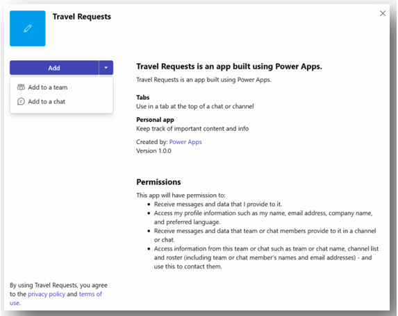 Figure 6.12 – Deploying a Power Apps app to Teams 
