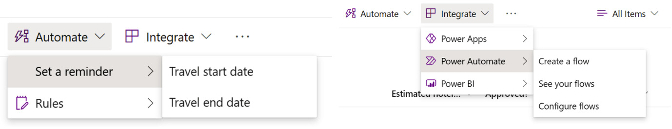 Figure 6.3 – The UI for the Automate and Integrate menus on modern SharePoint Online lists
