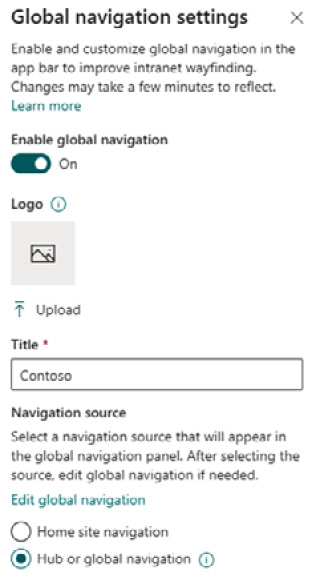 Figure 7.11 – Settings from the home site for global navigation
