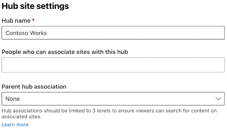 Figure 7.1 – Hub site settings for a site in the admin center
