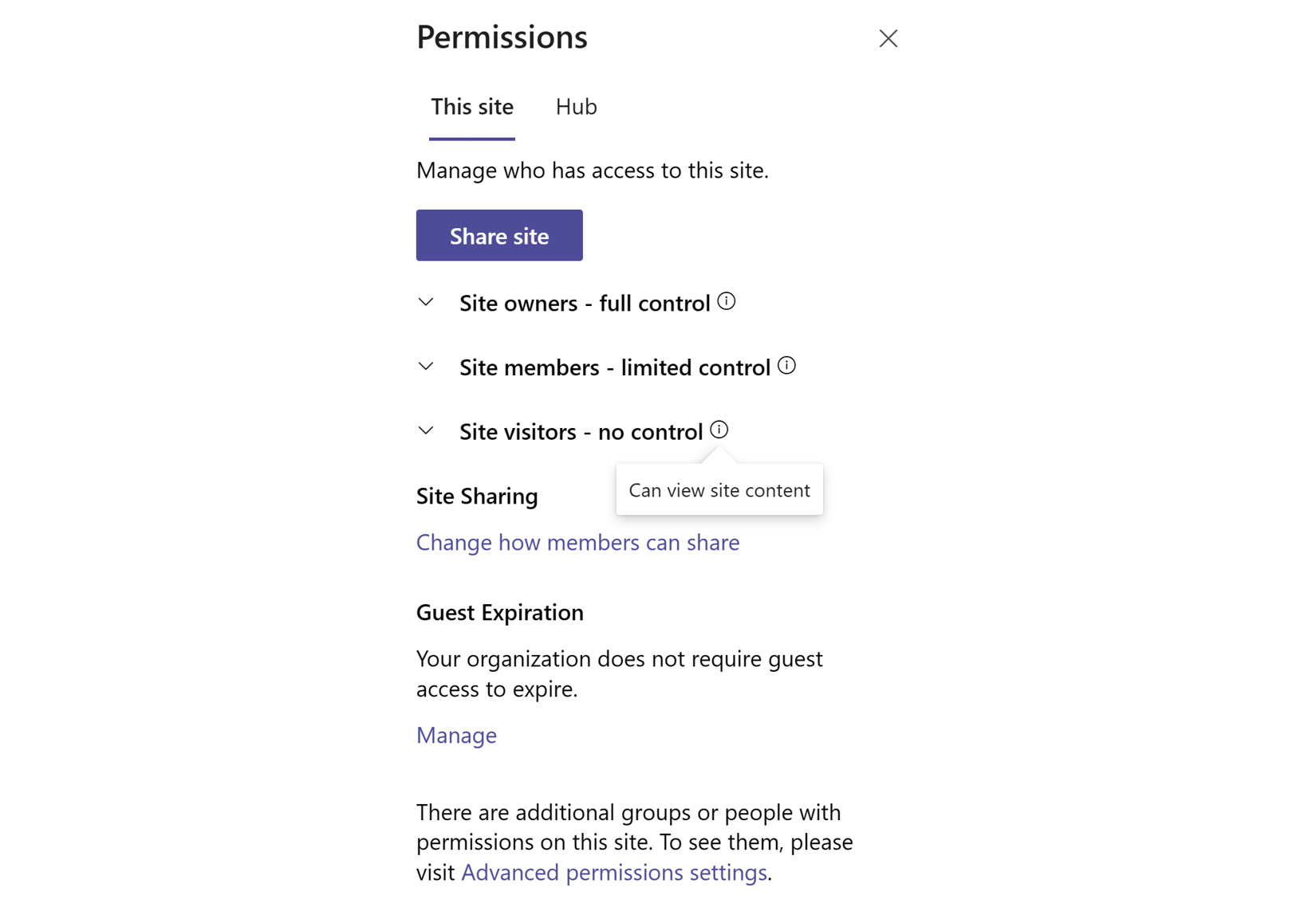 Figure 9.1 – Viewing the permissions of a site
