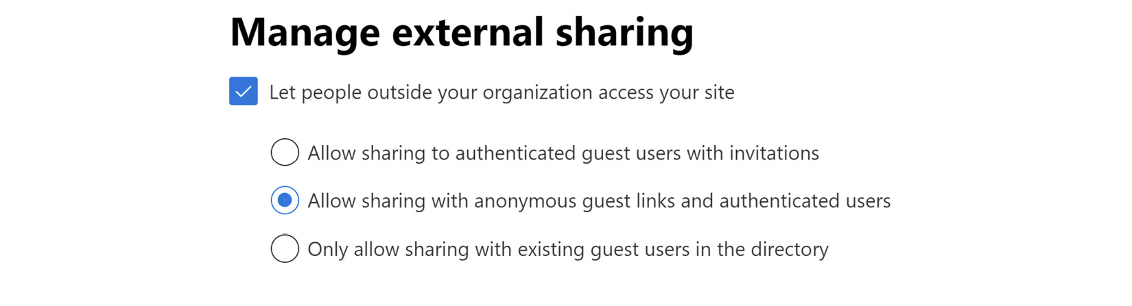 Figure 9.9 – Changing the external sharing options for a OneDrive site
