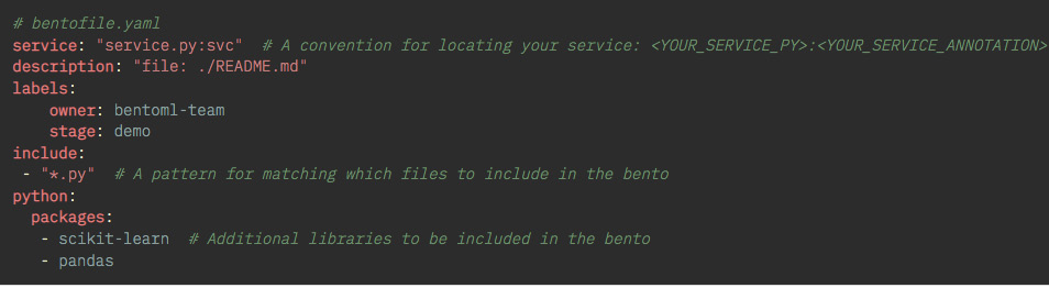 Figure 1.4 – A sample bentofile.yaml file that needs to be created before building a Bento