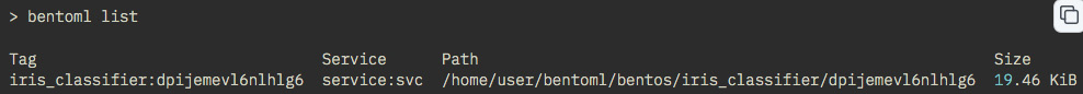 Figure 1.6 – All the Bentos can be seen using the bentoml list command