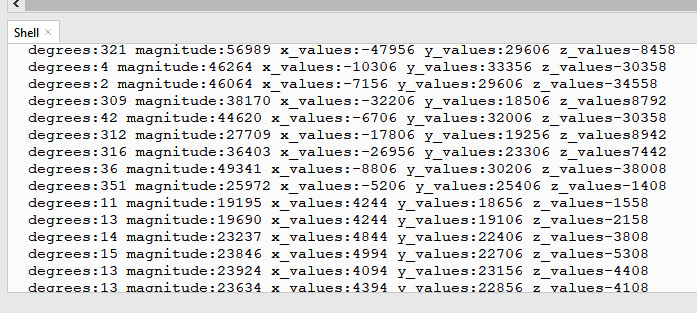 Figure 10.12 – Illustration of headings in degrees, the magnitude, and the x, y, and z coordinate values in the shell window
