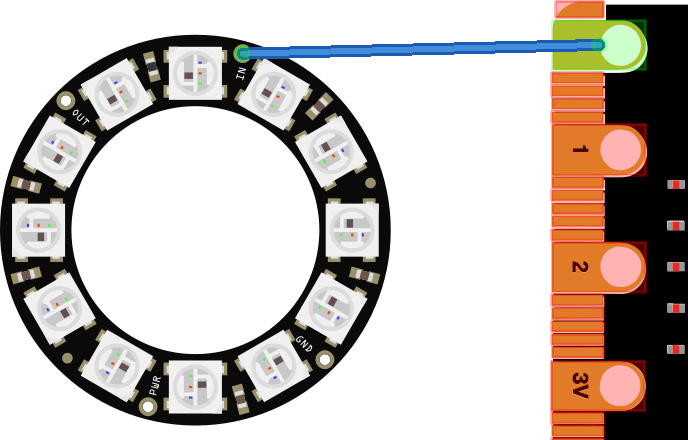 Figure 11.10 – A 12-LED ring connected to pin 0 of the Micro:bit
