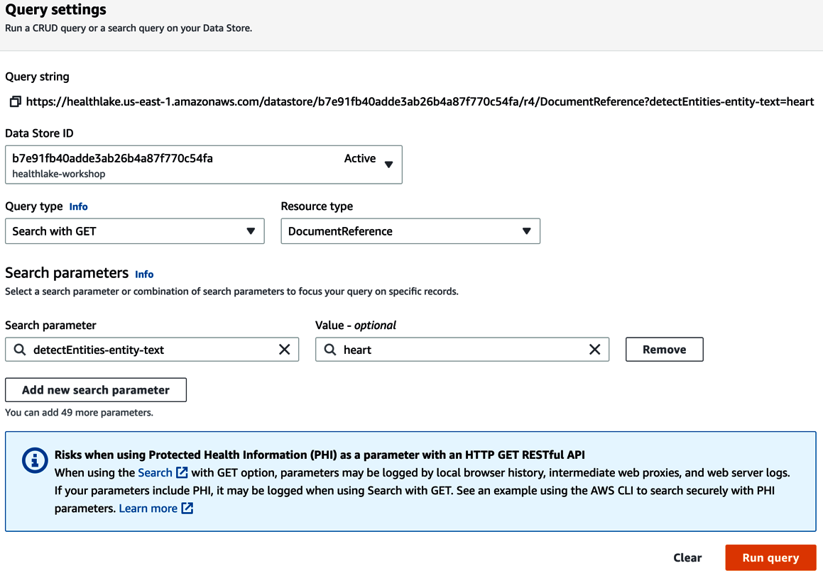 Figure 2.6 – The AWS console for Amazon HealthLake Run query with DocumentReference resource
