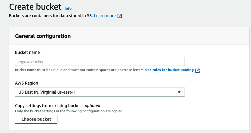 Figure 4.1 – The S3 Create bucket screen in the AWS Management Console
