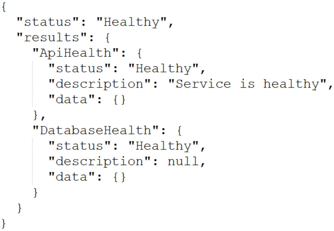 Figure 10.3 – Shows a health check response where both the service and database are available and in good health