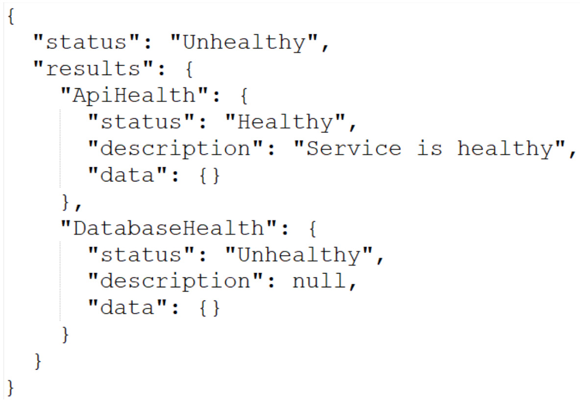 Figure 10.4 – Shows a health check response where the database is not available