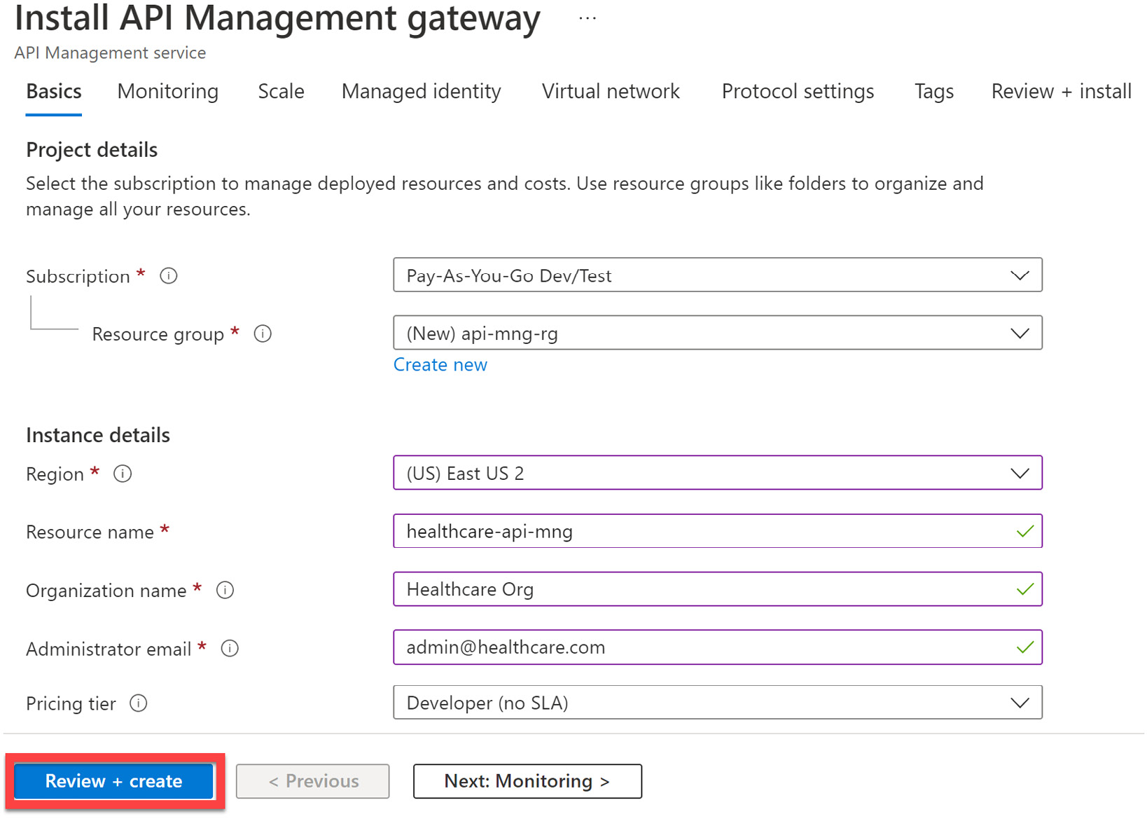 Figure 11.4 – Minimum values needed to create the API Management service