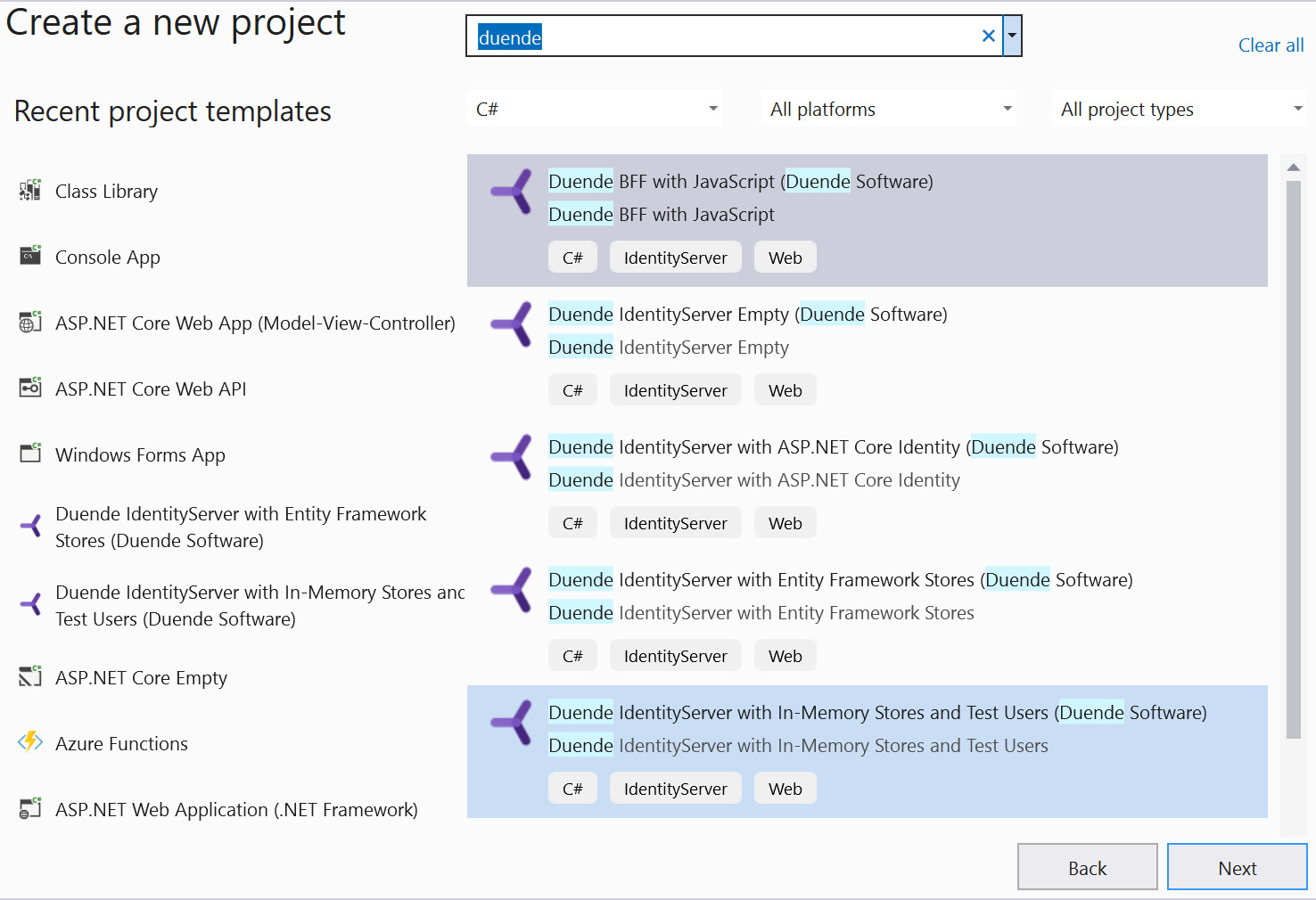 Figure 12.3 – We get a variety of project templates that help us to speed up the IdentityServer implementation process