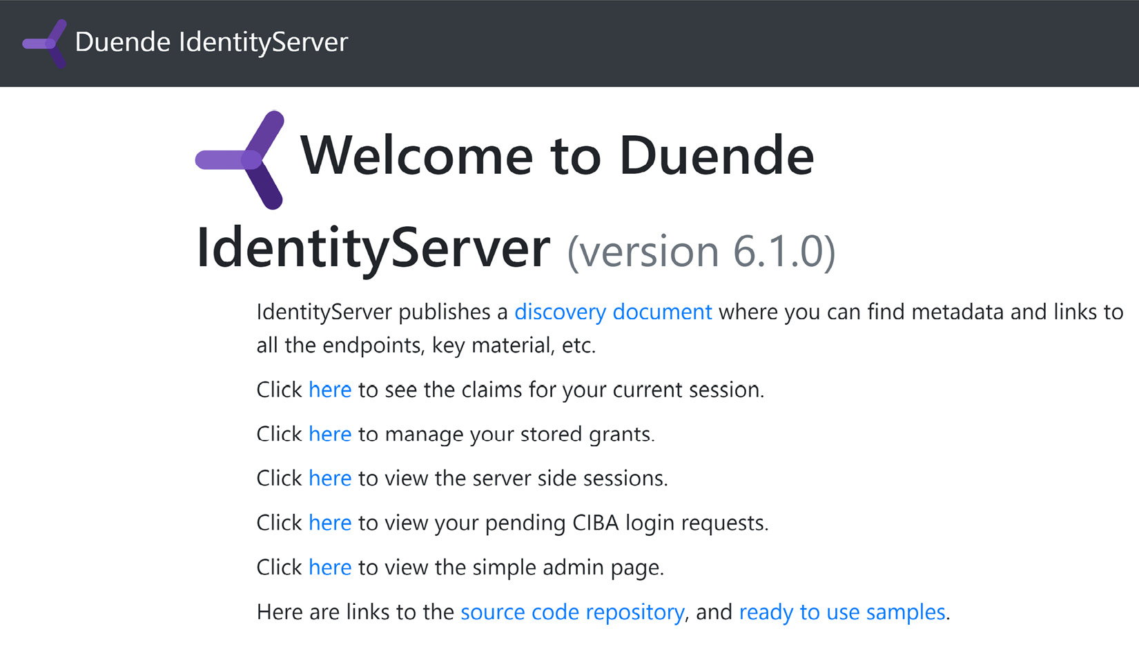 Figure 12.4 – This landing page shows us that our IdentityServer application is in a running state