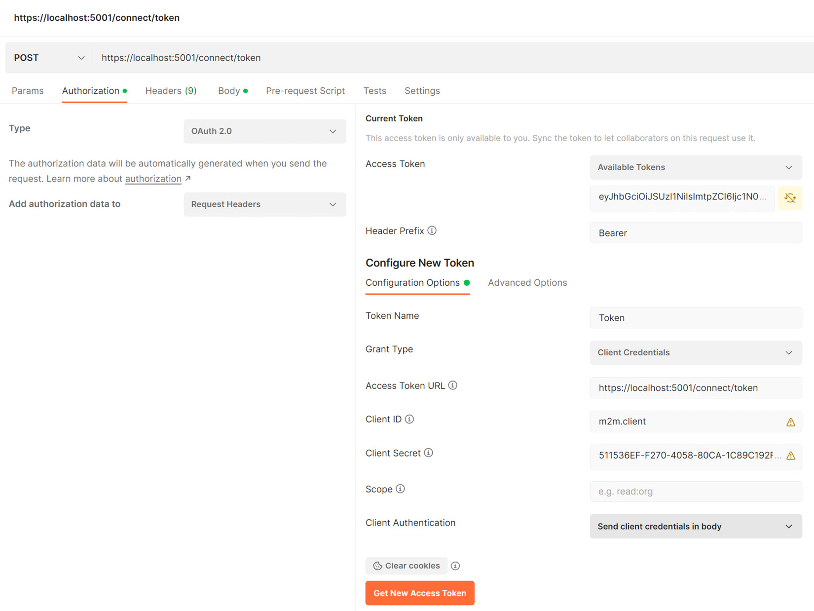 Figure 12.5 – Here, we add the client ID, client secret, and token URL values in Postman in order to retrieve a bearer token