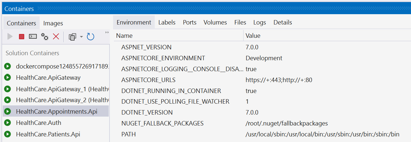 Figure 13.4 – We see Visual Studio in debug mode while containers are in use; it shows us information about the container during runtime