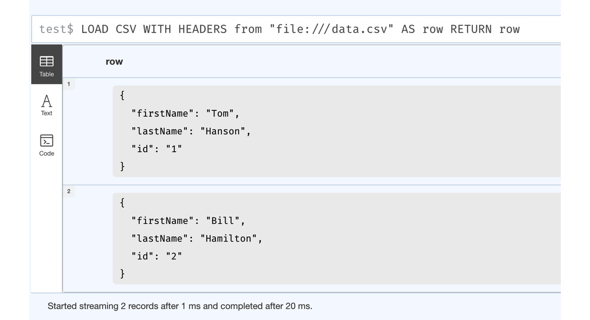 Figure 3.3 – LOAD CSV WITH HEADERS from the browser
