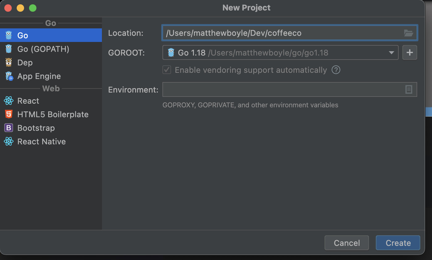 Figure 5.2 – Project creation screen in GoLand

