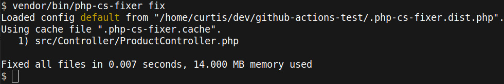 Figure 11.7: Using PHP-CS-Fixer to automatically fix code style issues


