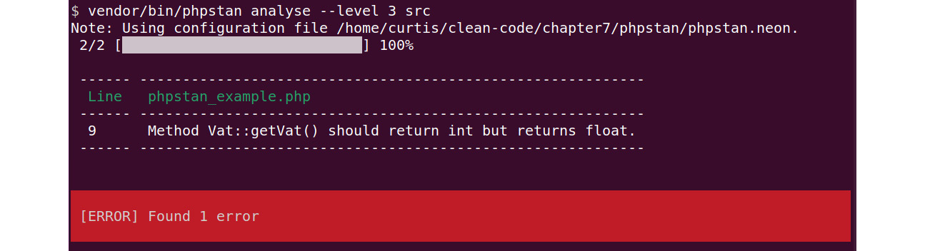 Figure 7.3: PHPStan reports one error with level 3
