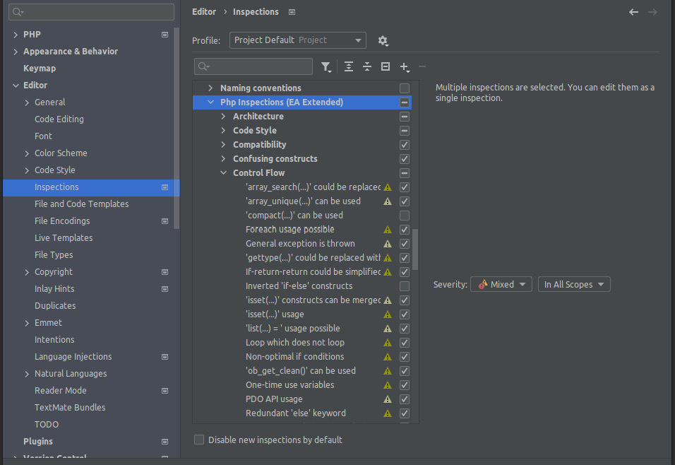 Figure 7.5: The Inspections configuration dialog in PhpStorm
