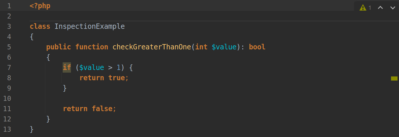 Figure 7.6: Example code with an issue found by PHP Inspections (EA Extended)
