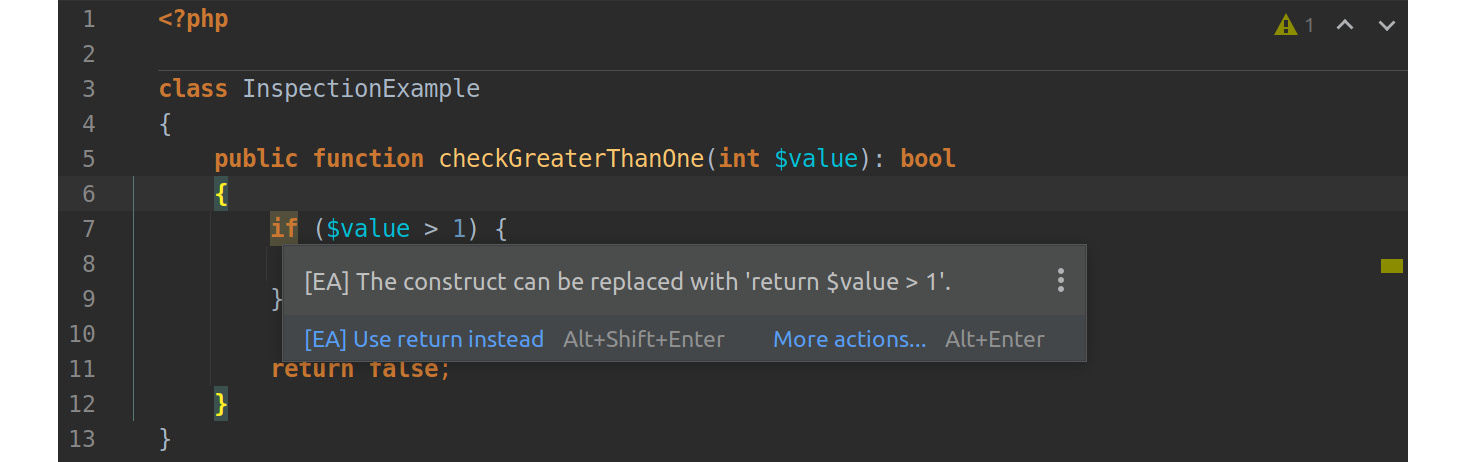 Figure 7.7: PHP Inspections (EA Extended) suggesting a code improvement 
