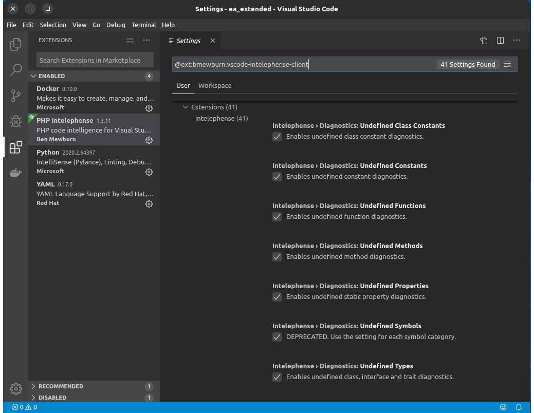 Figure 7.10: The Intelephense settings screen
